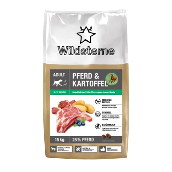 Wildsterne Trockenfutter für erwachsene Hunde, Verpackung mit Aufschrift 'PFERD & KARTOFFEL' 15 kg, 25 % Pferd, zeigt rohes Fleisch, Kartoffeln und Heidelbeeren