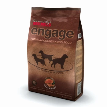 Brown bag of Connolly's Red Mills Engage Premium Country Dog Food featuring silhouettes of dogs, "Beef Recipe," and "20% protein."