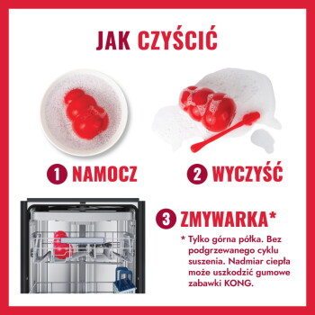 Czerwona gumowa zabawka KONG pokazana namoczona w mydlanej misce, wyszorowana pianą i umieszczona w górnym koszu zmywarki; polski nagłówek 'JAK CZYŚCIĆ'.