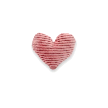 Ein weiches, pinkfarbenes, herzförmiges Haustierspielzeug mit gerippter Textur, vor einem weißen Hintergrund.