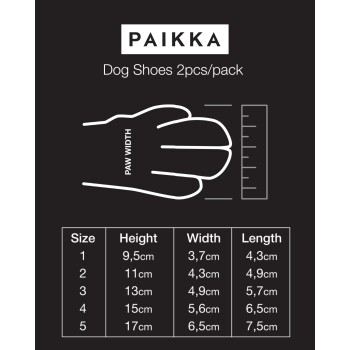 Hundeschuhe von PAIKKA, 2 Stück pro Packung, mit einer Größentabelle, die Höhe, Breite und Längenmaße für fünf Größen angibt.