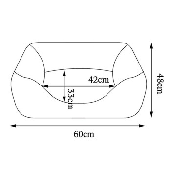 Illustration eines Haustierbettes mit den Abmessungen: 60 cm Länge, 48 cm Höhe, 42 cm Breite und 33 cm Innenhöhe.