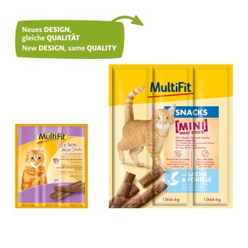 MultiFit-Katzensnacks-Verpackung zeigt eine verspielte orangefarbene Katze und besagt "Neues DESIGN, gleiche QUALITÄT" mit "95% Fleisch" und "Lachs & Forelle."