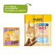 L'emballage des friandises pour chat MultiFit présente un chat orange joueur, indiquant "New DESIGN, same QUALITY" avec "95% viande" et "saumon & truite."