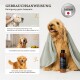 Golden Retriever wird gebadet und getrocknet mit Anweisungen auf Deutsch und einer Flasche The Animal Organics Shampoo, hergestellt in Japan.