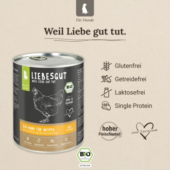 Liebesgut Hundefutterdose mit Hühnerillustration, Slogan 'Weil Liebe gut tut.' und BIO-Emblem.