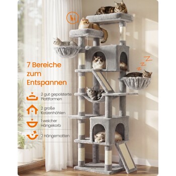 Grauer mehrstufiger Kratzbaum mit mehreren ruhenden Katzen in einem sonnigen Raum; oranger Text: "7 Bereiche zum Entspannen".