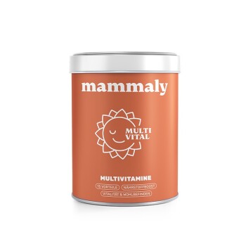 Oranger Behälter von Mammaly Multi Vital Multivitamin mit einem lächelnden Sonnenlogo und deutschem Text.