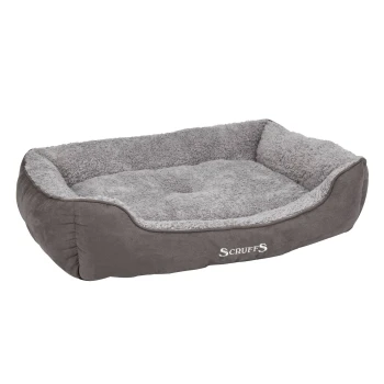 SCRU Kuschelbox-Bett Grau XL Graues rechteckiges Plüsch-Hundebett mit erhöhten Seitenwällen und Sherpa-Futter, vorne mit gesticktem 'Scruffs'-Logo.