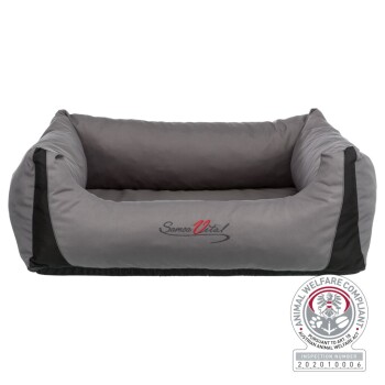 Graues Haustierbett mit schwarzen Akzenten, mit dem Logo "SamaVital!" und einem Tierschutz-Zertifikat.