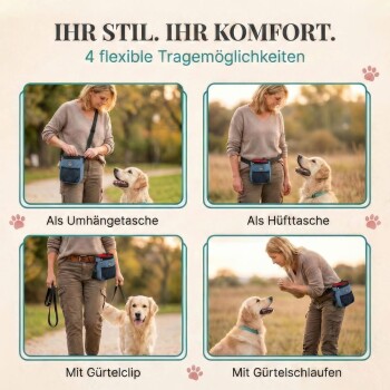 Denim-Tierleckerlitasche mit ropem Zugband, am Hüft getragen. Text: "Schultergurt," "Gürtelclip," "Bauchgurt," "VIELE TRAGEOPTIONEN."