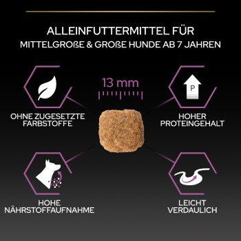 Hundefutter für mittelgroße und große Hunde ab 7 Jahren, 13 mm große Futterstückchen, ohne Farbstoffe, hoher Proteingehalt, leicht verdaulich.