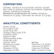 Emballage de nourriture pour animaux de compagnie affichant la composition et les constituants analytiques, y compris les protéines, les graisses et les vitamines A, D3 et E.