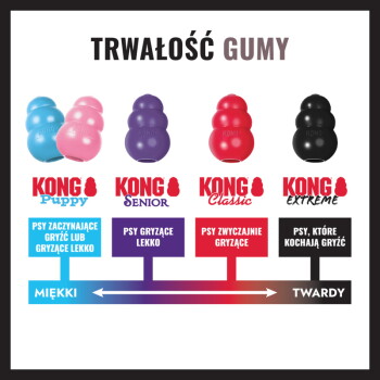 Tabela zabawki KONG zatytułowana 'TRWAŁOŚĆ GUMY' pokazująca Puppy, Senior, Classic, Extreme z polskimi oznaczeniami i 'MIĘKKI → TWARDY'