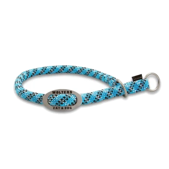 Blau-schwarzes geflochtenes Wolters Cat & Dog Halsband mit Metallringen auf weißem Hintergrund.
