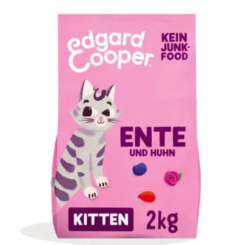 Eine rosa Katzenfuttertüte mit einem Cartoon-Kätzchen, beschriftet mit "Edgard Cooper", mit "ENTE UND HUHN" und "KITTEN 2kg."