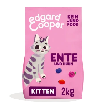 Eine rosa Katzenfuttertüte mit einem Cartoon-Kätzchen, beschriftet mit "Edgard Cooper", mit "ENTE UND HUHN" und "KITTEN 2kg."