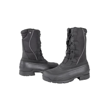 Schwarze wasserdichte Winterstiefel mit Schnürdesign und Gummisohlen, von vorne und von der Seite gezeigt.