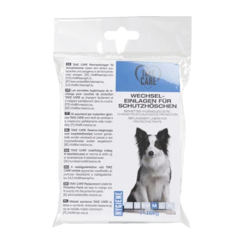 Paquet de doublures de remplacement TAKE CARE pour pantalons de protection, présentant une image de border collie, avec un texte multilingue et des options de taille XS à XL.