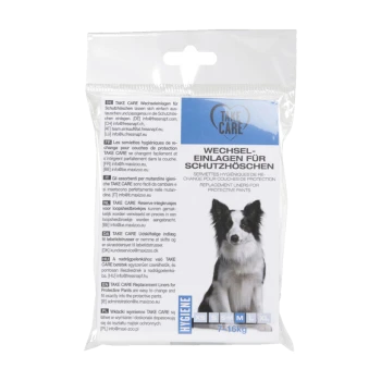 Packung von TAKE CARE Ersatz-Einlagen für Schutzhosen, mit einem Bild eines Border Collies, mit mehrsprachigem Text und Größenoptionen von XS bis XL.