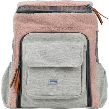 A stylish pet carrier with a soft pink fleece top and a light gray body, featuring a front pocket and the AniOne logo.