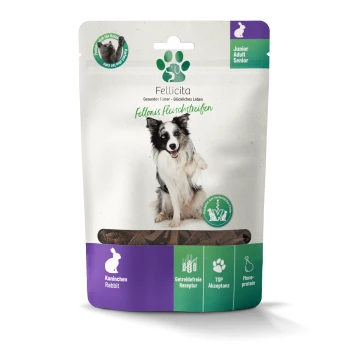 Fellicita Hundesnack-Beutel mit Aufschrift 'Fellonis Fleischstreifen', Bild eines Border Collies und Geschmacksicon 'Kaninchen (Rabbit)'
