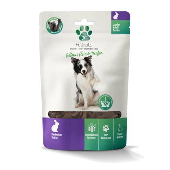 Fellicita Hundesnack-Beutel mit Aufschrift 'Fellonis Fleischstreifen', Bild eines Border Collies und Geschmacksicon 'Kaninchen (Rabbit)'
