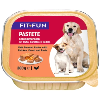 Fit+Fun Paté-Behälter mit zwei Hunden, beschriftet "Pastete Schlemmerkern mit Huhn, Karotten & Nudeln," 300g.