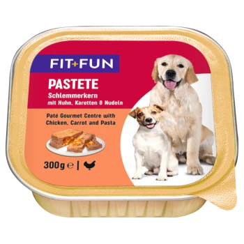 Fit+Fun Paté-Behälter mit zwei Hunden, beschriftet "Pastete Schlemmerkern mit Huhn, Karotten & Nudeln," 300g.