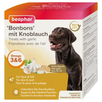 Haut- und Fellkur Bonbons 245g mit Knoblauch Beaphar 'Bonbons' mit Knoblauch Hundeleckerlis Verpackung mit einem glücklichen schwarzen Hund, Knoblauch und Nährstoffvorteilen wie Omega 3&6.