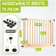 Holztiergitter mit verstellbarer Breite (71-79 cm), Höhe 77 cm und verschiedenen enthaltenen Komponenten, mit Maßen und Beschriftungen.