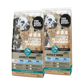 Zwei Beutel 'The Good Stuff' Hundefutter, 70% Fisch, 30% Gemüse, mit Dalmatiner-Verpackung und deutschem Text über das Füttern mit gutem Gewissen.