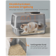 Katze in einer großen grauen abgedeckten Katzentoilette mit erweitertem Rand, um Streu- oder Urinverschmutzung zu verhindern, Text auf Deutsch.