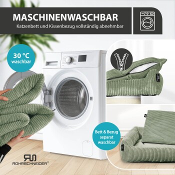 Grünes Cord-Katzenbett neben einer Waschmaschine; sichtbarer Text: 'MASCHINENWASCHBAR', '30°C waschbar', ROHRSCHNEIDER.