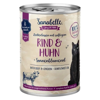 Dose Sanabelle saftiges Katzenmenü mit Rind und Huhn in Sonnenblumenöl, auf Deutsch beschriftet mit einer schwarzen Katzenillustration.