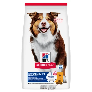 Hill's Science Plan Mature Adult 7+ hondenvoerzak voor middelgrote honden 11-25 kg met kip, 3 essentiële voordelen, aanbevolen door dierenartsen.