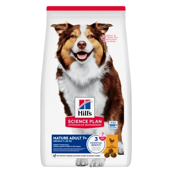Sac de nourriture pour chiens Hill's Science Plan — Mature Adult 7+ (Medium 11–25 kg), 3 bénéfices essentiels, au poulet ; image d'un chien brun et blanc.