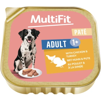 MultiFit Hundepaté-Schale, pinkes Etikett mit fröhlichem schwarz-weißem Hund, Text 'ADULT 1+ PATÉ' und 'mit Huhn & Pute'.