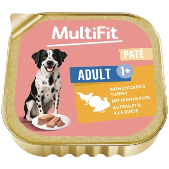 MultiFit Hundepaté-Schale, pinkes Etikett mit fröhlichem schwarz-weißem Hund, Text 'ADULT 1+ PATÉ' und 'mit Huhn & Pute'.