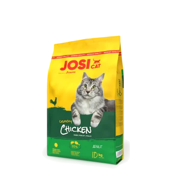 JOSI CAT Crunchy Chicken Katzenfutterbeutel mit einer grauen getigerten Katze auf der Vorderseite, 10 kg Größe, mit 48% tierischem Protein.