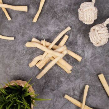 Eine Sammlung von Rinderhaut-Kauspielzeugen, die auf einer grauen Oberfläche verstreut sind, mit zwei geknoteten Seilspielzeugen und einer kleinen Topfpflanze in der Nähe.