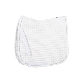 Weißes, gestepptes Sattelpad mit einer strukturierten Oberfläche und verstellbaren Riemen, vor einem schlichten Hintergrund präsentiert.