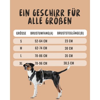 Ein Hund mit einem Geschirr, daneben eine Größentabelle, die Maße für die Größen S, M, L und XL auf Deutsch zeigt.