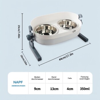 Erhöhter Doppelnapf mit zwei Edelstahlschalen; Maße 44/26/19 cm; Text 'NAPF ABMESSUNGEN' 9/13/4 cm, 350 ml
