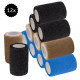 Ein Stapel von 12 Rollen selbstklebendem Verband in verschiedenen Farben: schwarz, braun und blau, auf einem weißen Hintergrund präsentiert.