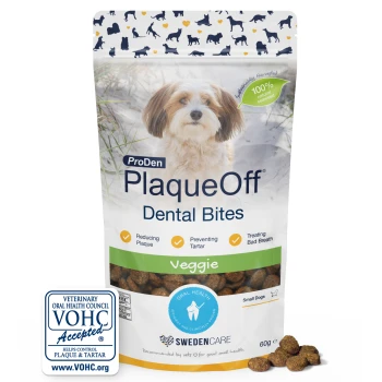 Bag of ProDen PlaqueOff Dental Bites Veggie for dogs, small dog photo, 100% natural seaweed badge and VOHC Accepted logo.