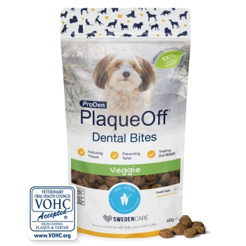 Bag of ProDen PlaqueOff Dental Bites Veggie for dogs, small dog photo, 100% natural seaweed badge and VOHC Accepted logo.