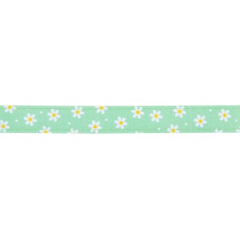 Grünes Haustierhalsband mit weißem und gelbem Gänseblümchenmuster auf weißem Hintergrund.