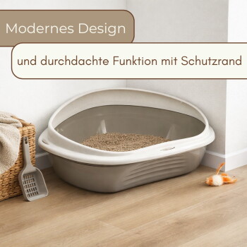 Beige-graue Katzentoilette mit Schaufel und Feder-Spielzeug auf Holzboden; sichtbarer Text: 'Modernes Design'.