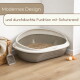 Beige-graue Katzentoilette mit Schaufel und Feder-Spielzeug auf Holzboden; sichtbarer Text: 'Modernes Design'.